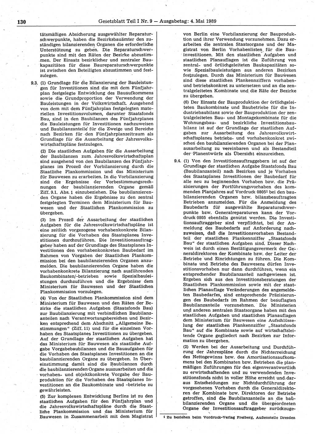 Gesetzblatt (GBl.) der Deutschen Demokratischen Republik (DDR) Teil Ⅰ 1989, Seite 130 (GBl. DDR Ⅰ 1989, S. 130)