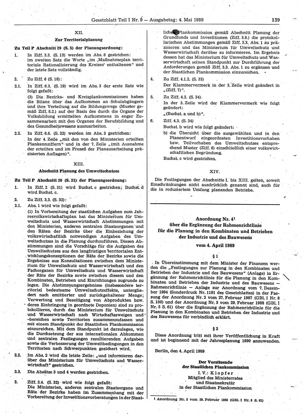 Gesetzblatt (GBl.) der Deutschen Demokratischen Republik (DDR) Teil Ⅰ 1989, Seite 139 (GBl. DDR Ⅰ 1989, S. 139)