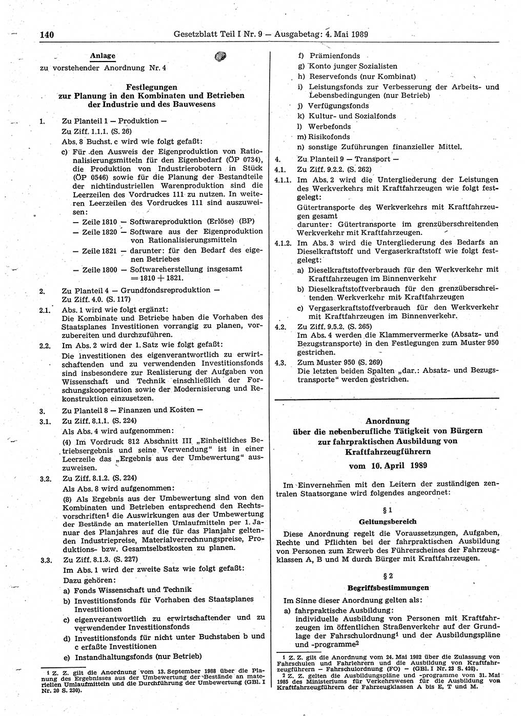 Gesetzblatt (GBl.) der Deutschen Demokratischen Republik (DDR) Teil Ⅰ 1989, Seite 140 (GBl. DDR Ⅰ 1989, S. 140)