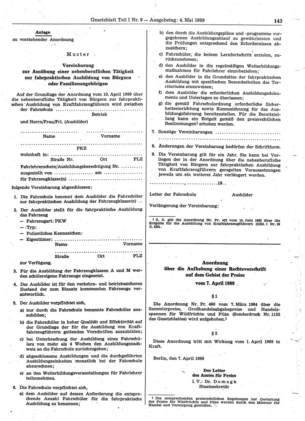 Gesetzblatt (GBl.) der Deutschen Demokratischen Republik (DDR) Teil Ⅰ 1989, Seite 143 (GBl. DDR Ⅰ 1989, S. 143)