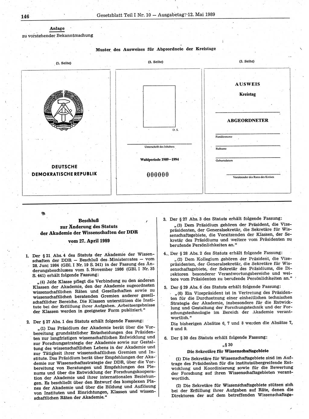 Gesetzblatt (GBl.) der Deutschen Demokratischen Republik (DDR) Teil Ⅰ 1989, Seite 146 (GBl. DDR Ⅰ 1989, S. 146)