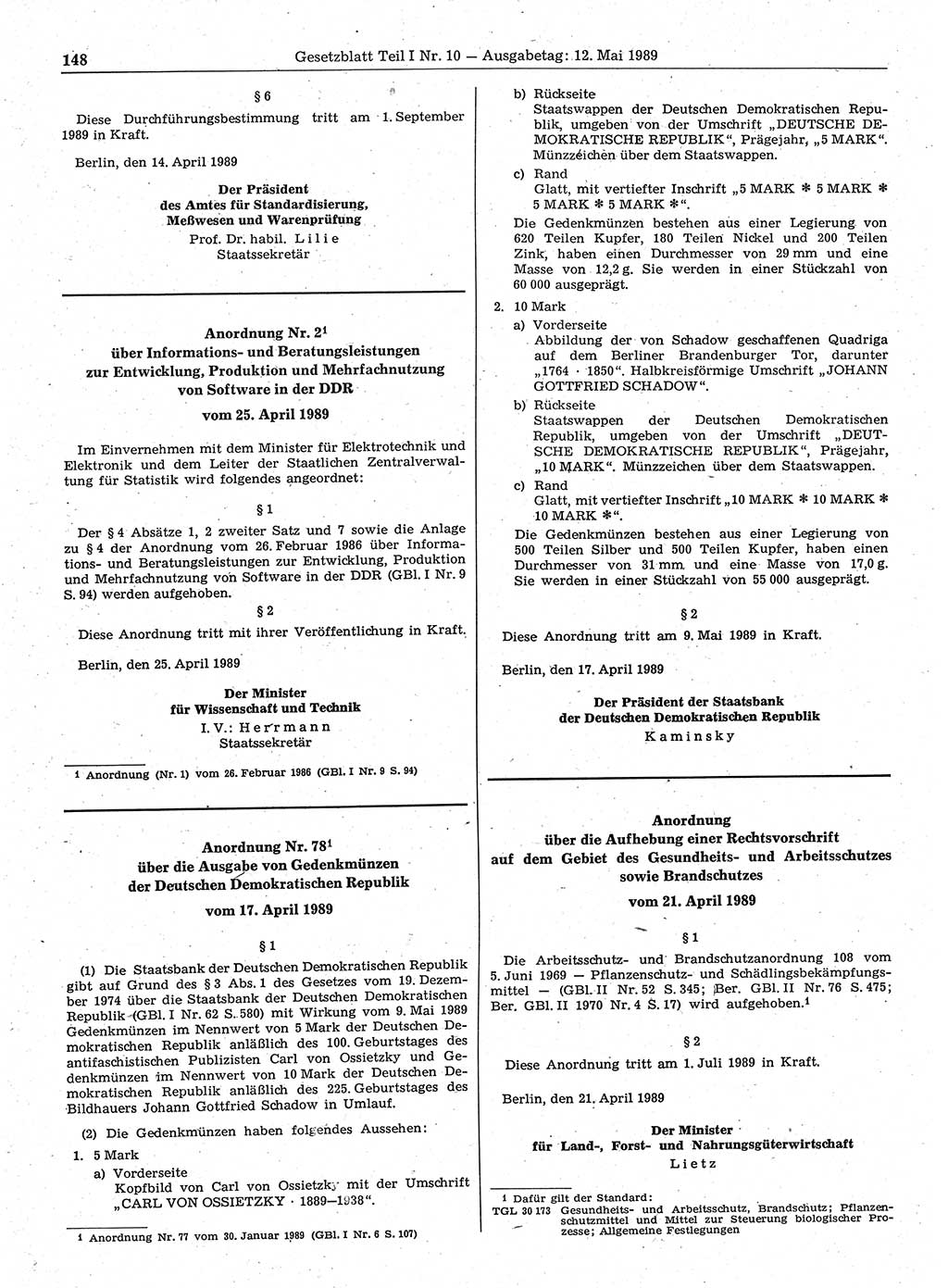 Gesetzblatt (GBl.) der Deutschen Demokratischen Republik (DDR) Teil Ⅰ 1989, Seite 148 (GBl. DDR Ⅰ 1989, S. 148)