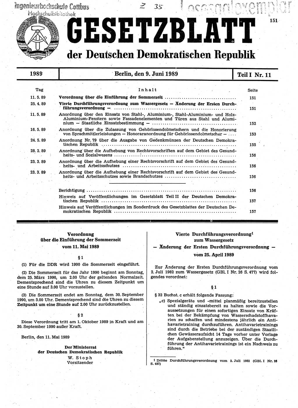 Gesetzblatt (GBl.) der Deutschen Demokratischen Republik (DDR) Teil Ⅰ 1989, Seite 151 (GBl. DDR Ⅰ 1989, S. 151)