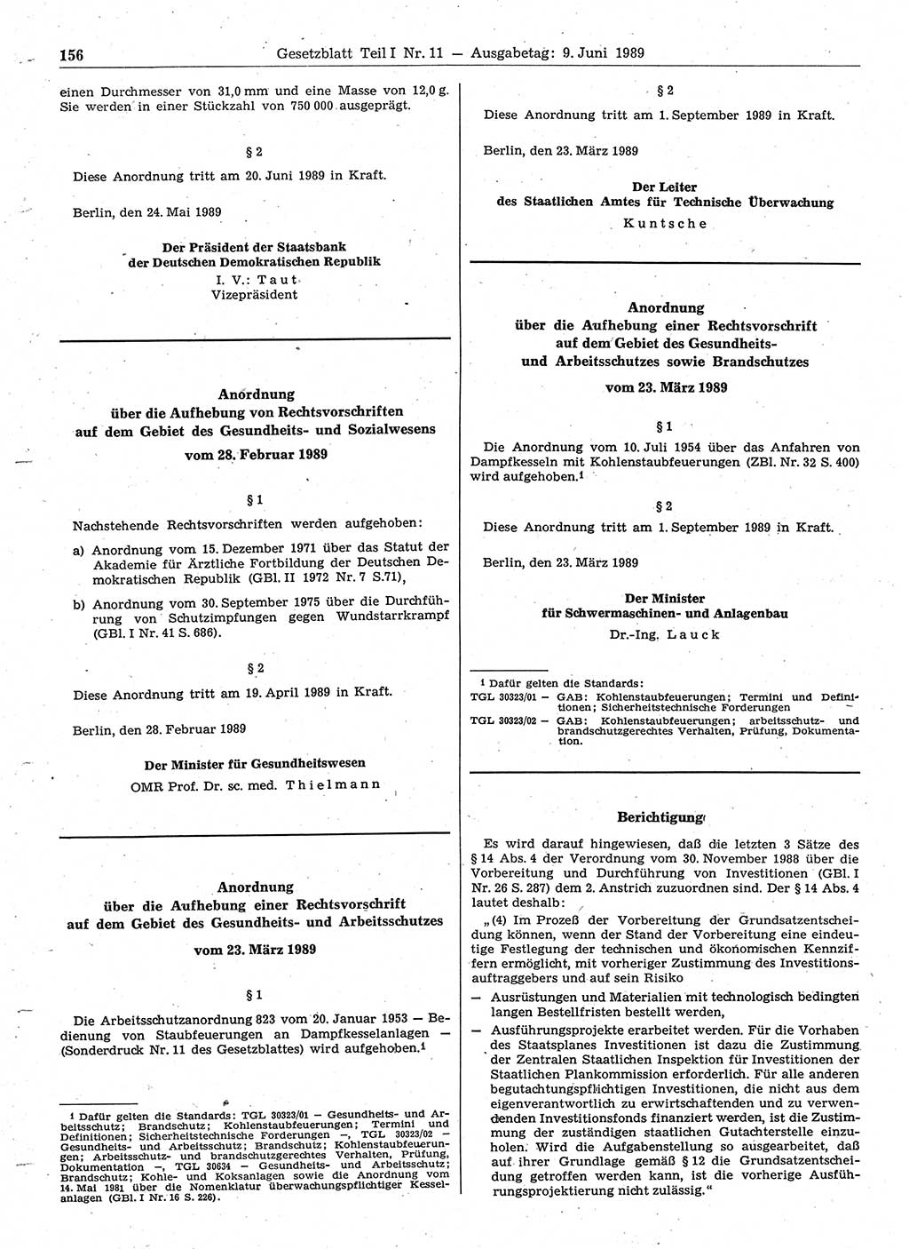 Gesetzblatt (GBl.) der Deutschen Demokratischen Republik (DDR) Teil Ⅰ 1989, Seite 156 (GBl. DDR Ⅰ 1989, S. 156)