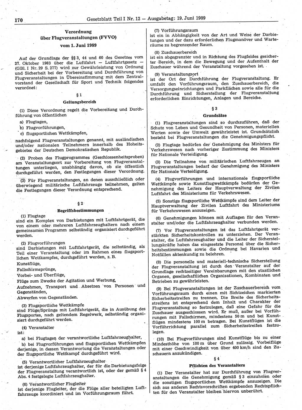 Gesetzblatt (GBl.) der Deutschen Demokratischen Republik (DDR) Teil Ⅰ 1989, Seite 170 (GBl. DDR Ⅰ 1989, S. 170)