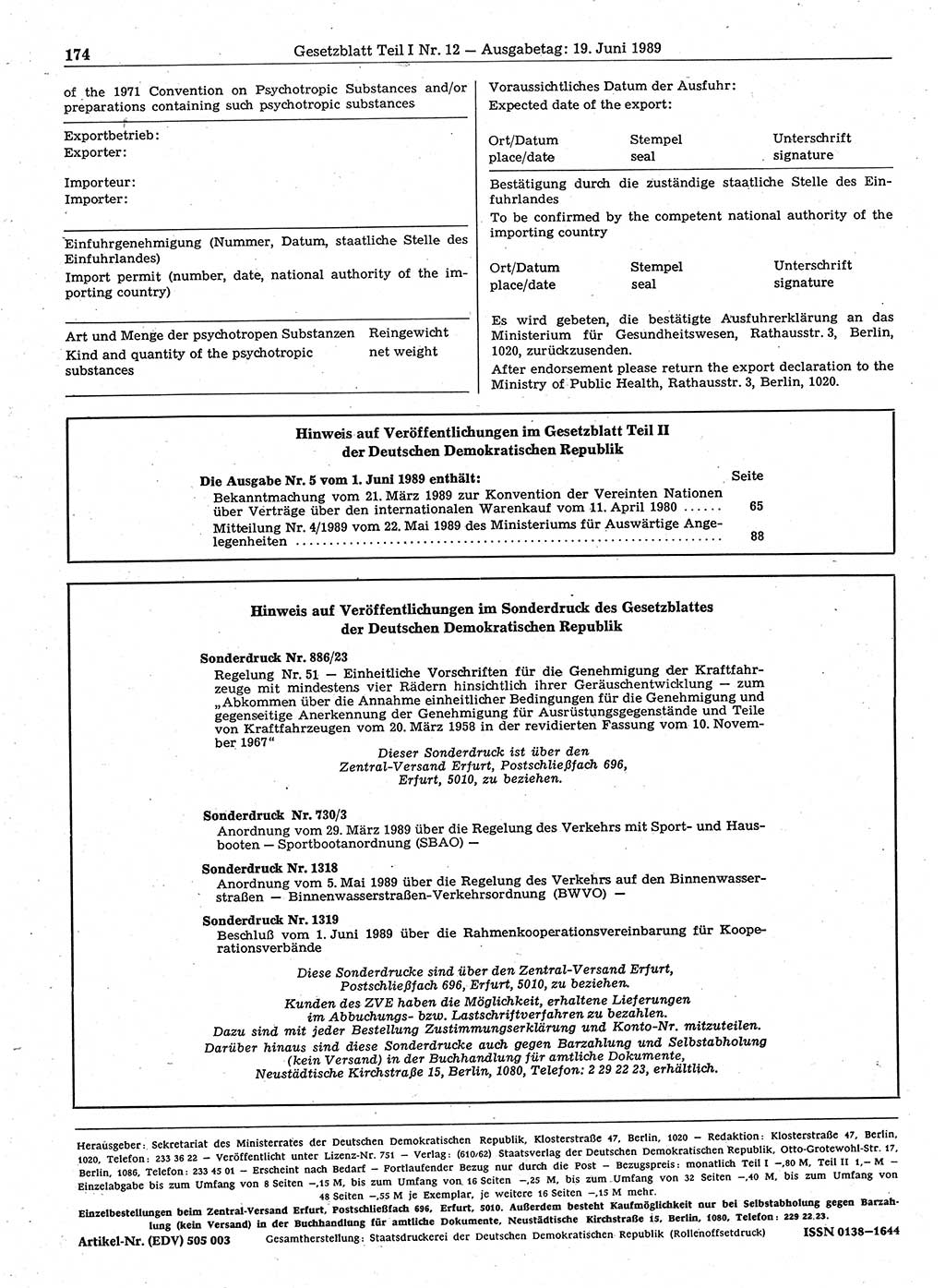 Gesetzblatt (GBl.) der Deutschen Demokratischen Republik (DDR) Teil Ⅰ 1989, Seite 174 (GBl. DDR Ⅰ 1989, S. 174)