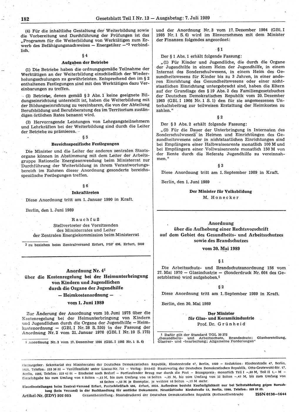 Gesetzblatt (GBl.) der Deutschen Demokratischen Republik (DDR) Teil Ⅰ 1989, Seite 182 (GBl. DDR Ⅰ 1989, S. 182)