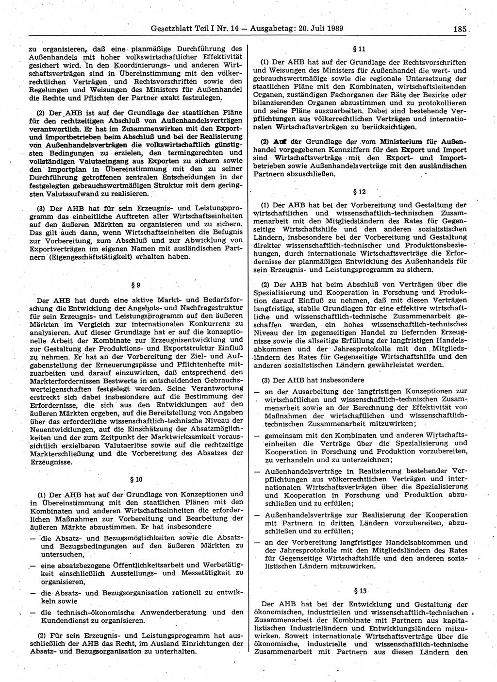 Gesetzblatt (GBl.) der Deutschen Demokratischen Republik (DDR) Teil Ⅰ 1989, Seite 185 (GBl. DDR Ⅰ 1989, S. 185)