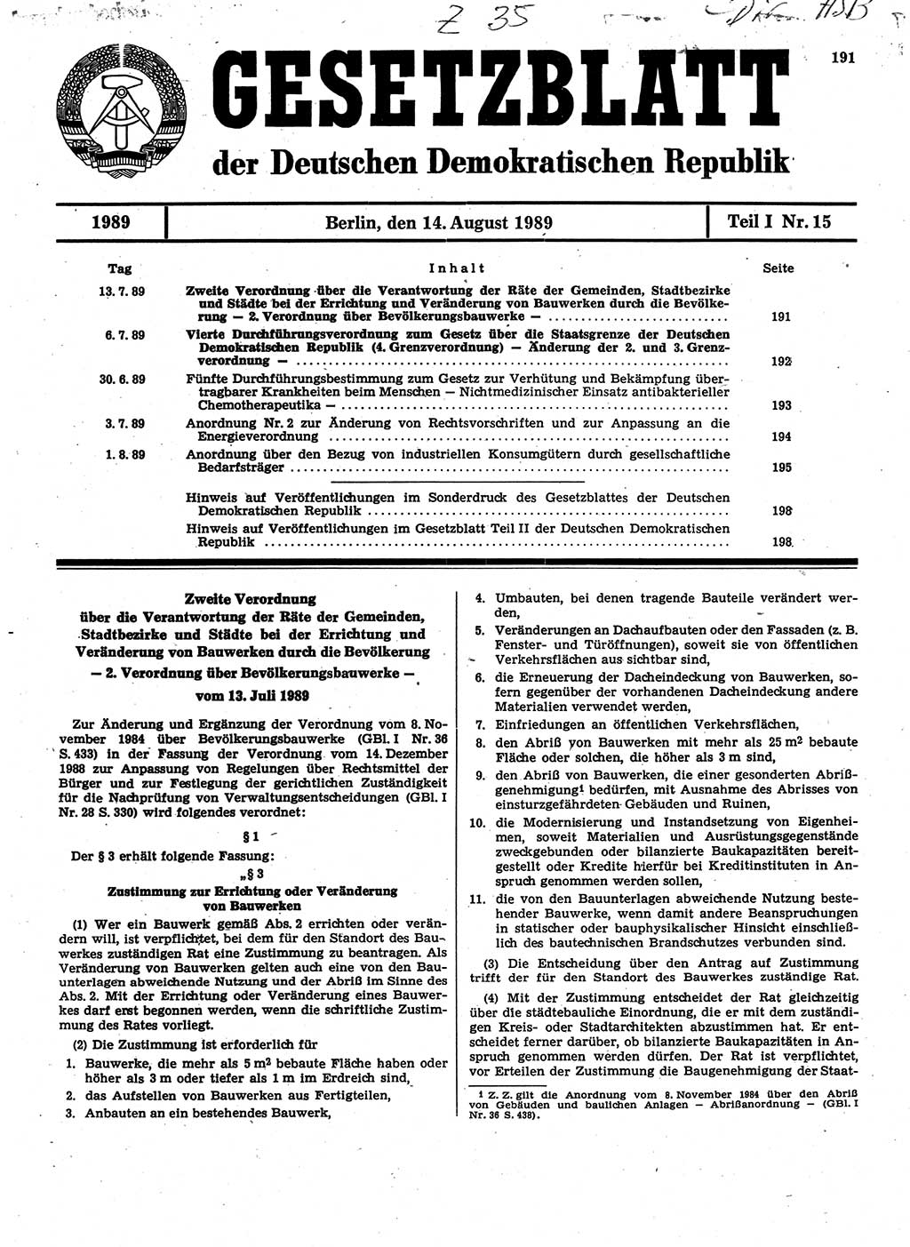 Gesetzblatt (GBl.) der Deutschen Demokratischen Republik (DDR) Teil Ⅰ 1989, Seite 191 (GBl. DDR Ⅰ 1989, S. 191)