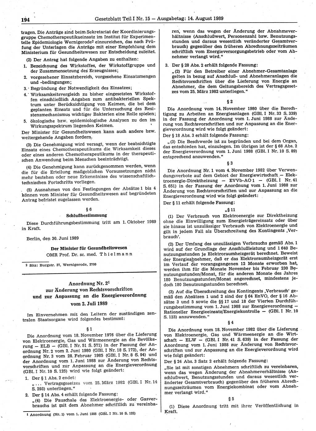 Gesetzblatt (GBl.) der Deutschen Demokratischen Republik (DDR) Teil Ⅰ 1989, Seite 194 (GBl. DDR Ⅰ 1989, S. 194)