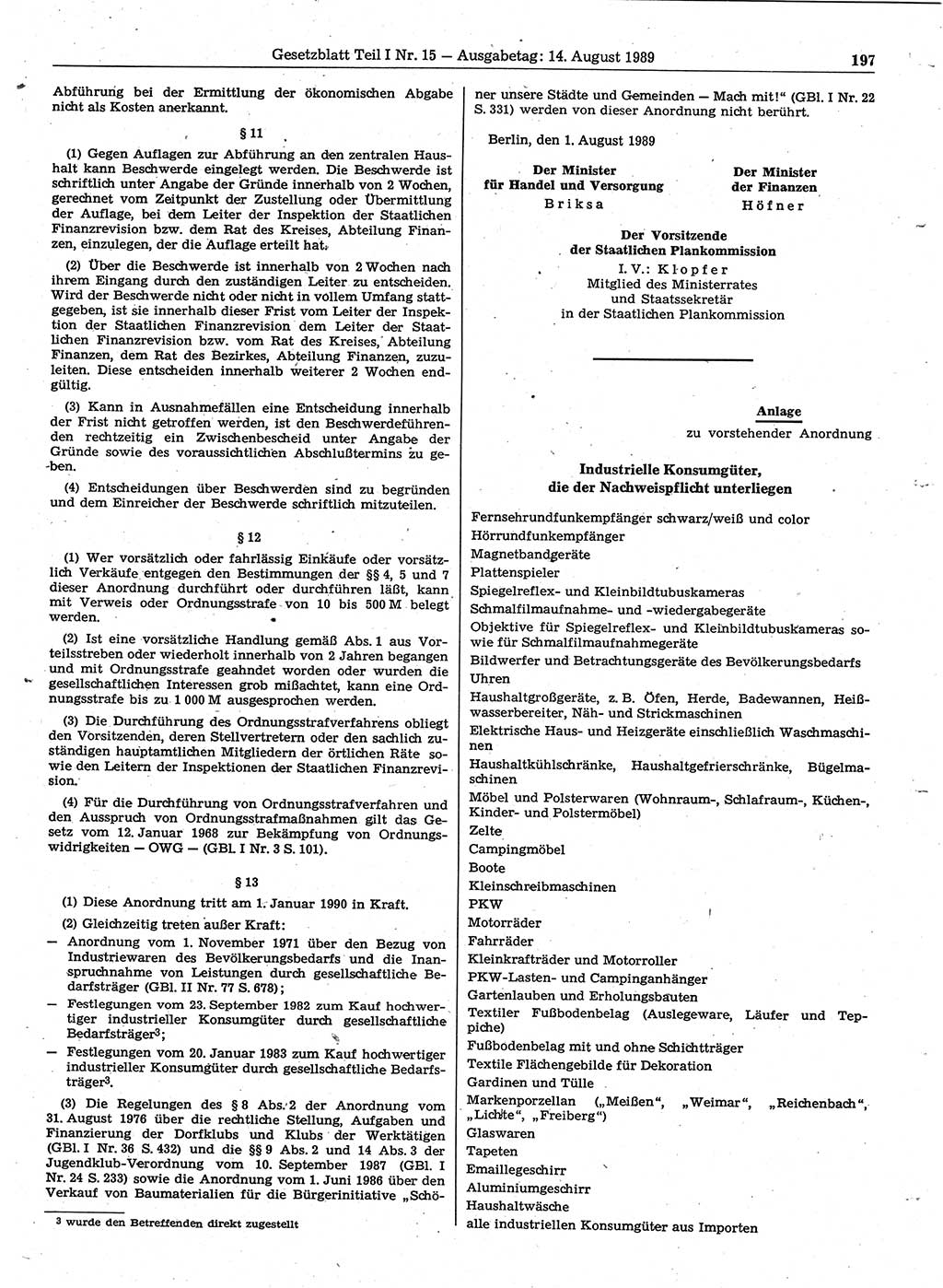 Gesetzblatt (GBl.) der Deutschen Demokratischen Republik (DDR) Teil Ⅰ 1989, Seite 197 (GBl. DDR Ⅰ 1989, S. 197)