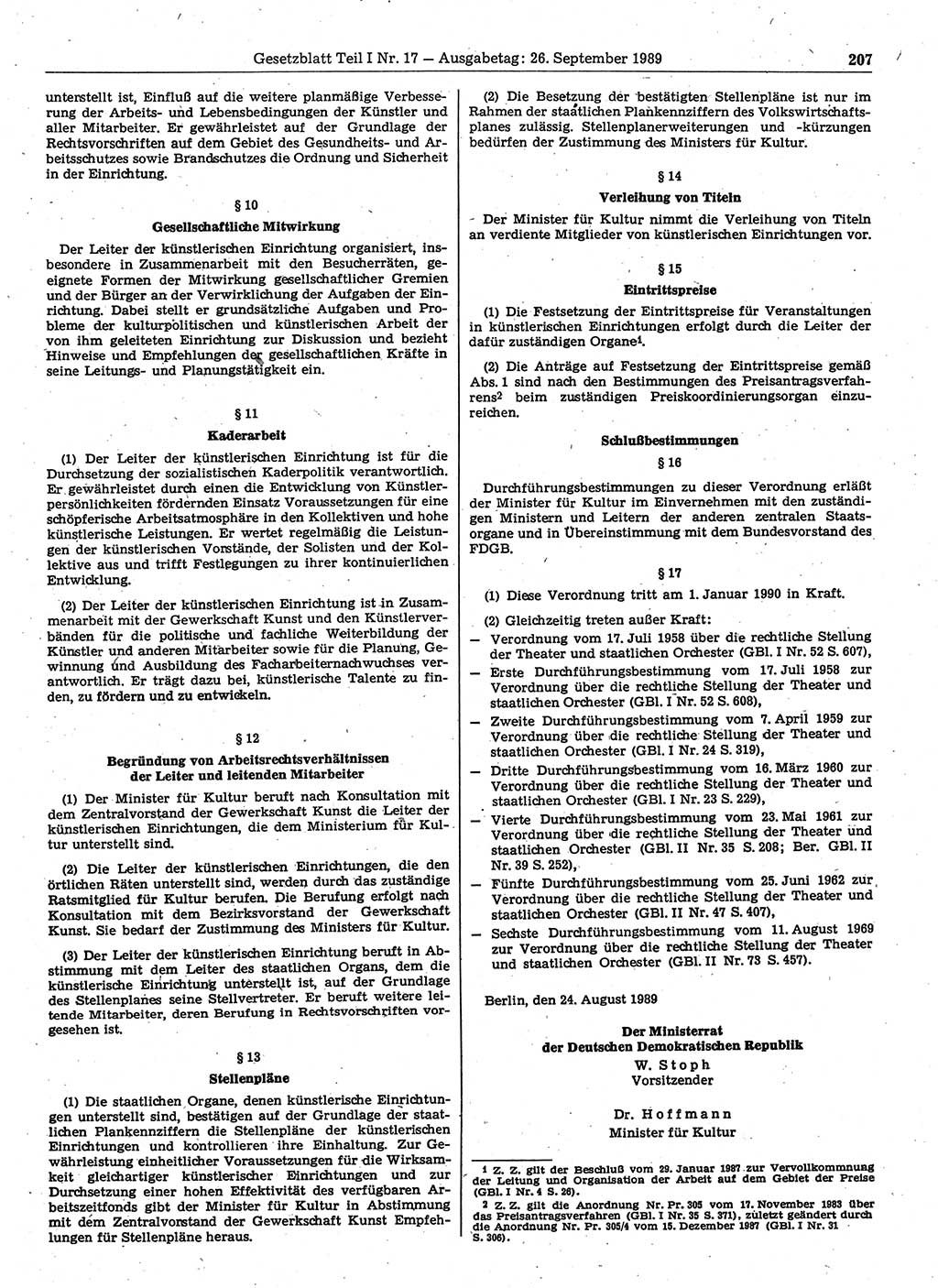 Gesetzblatt (GBl.) der Deutschen Demokratischen Republik (DDR) Teil Ⅰ 1989, Seite 207 (GBl. DDR Ⅰ 1989, S. 207)
