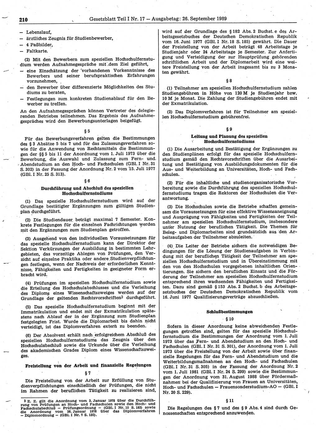 Gesetzblatt (GBl.) der Deutschen Demokratischen Republik (DDR) Teil Ⅰ 1989, Seite 210 (GBl. DDR Ⅰ 1989, S. 210)