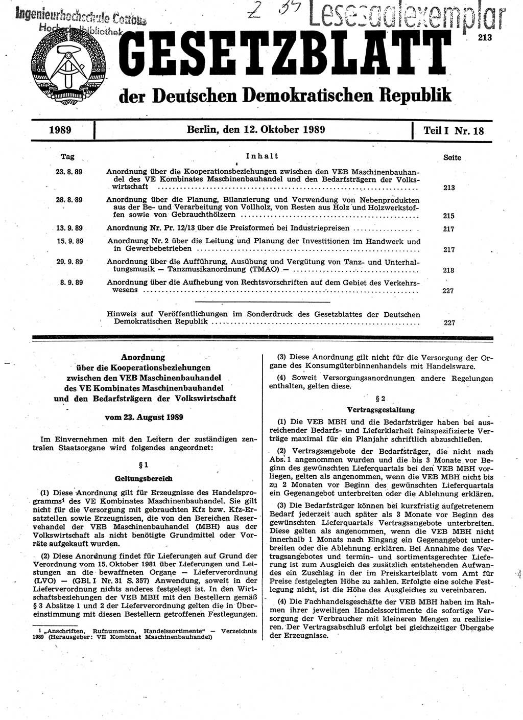 Gesetzblatt (GBl.) der Deutschen Demokratischen Republik (DDR) Teil Ⅰ 1989, Seite 213 (GBl. DDR Ⅰ 1989, S. 213)