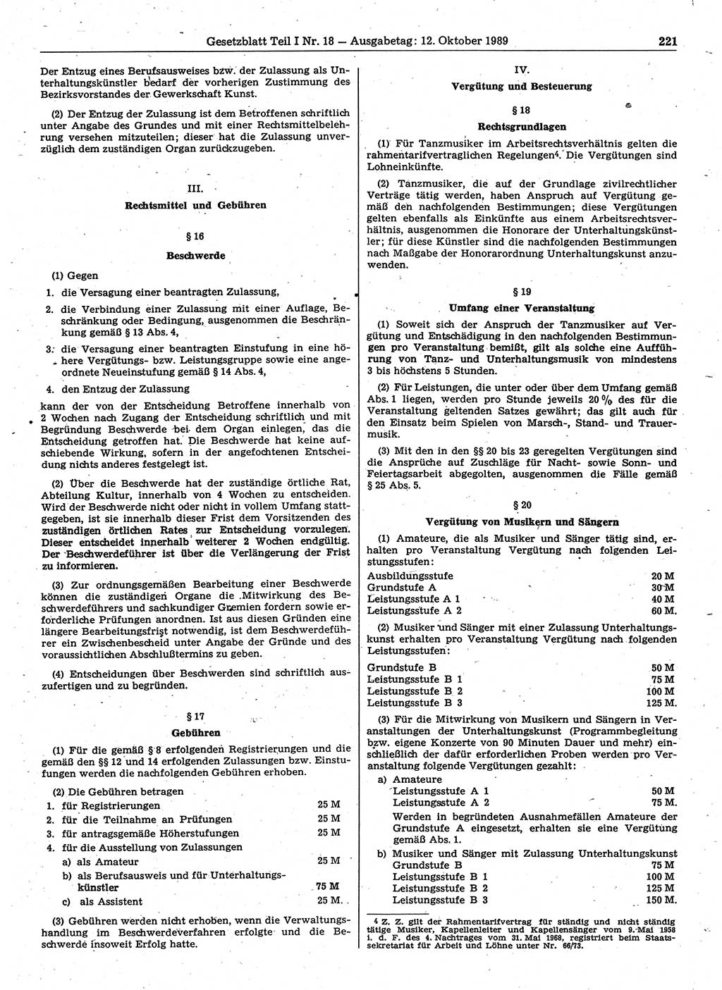 Gesetzblatt (GBl.) der Deutschen Demokratischen Republik (DDR) Teil Ⅰ 1989, Seite 221 (GBl. DDR Ⅰ 1989, S. 221)