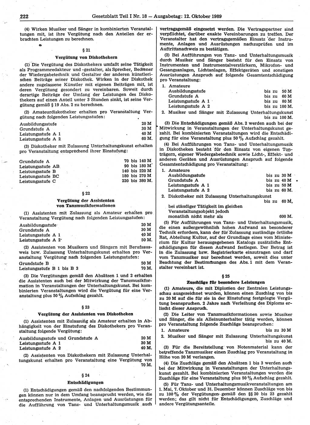 Gesetzblatt (GBl.) der Deutschen Demokratischen Republik (DDR) Teil Ⅰ 1989, Seite 222 (GBl. DDR Ⅰ 1989, S. 222)