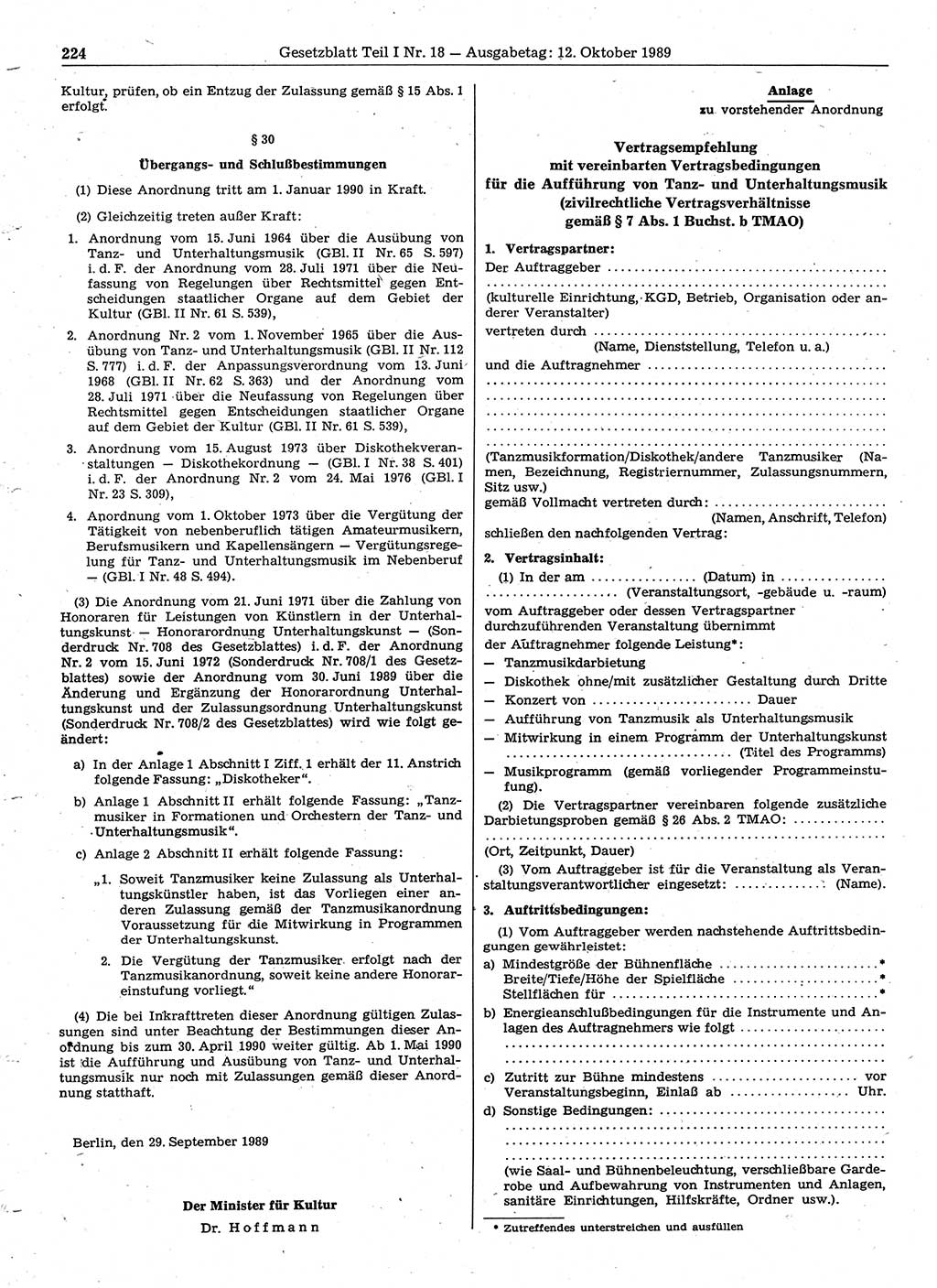 Gesetzblatt (GBl.) der Deutschen Demokratischen Republik (DDR) Teil Ⅰ 1989, Seite 224 (GBl. DDR Ⅰ 1989, S. 224)