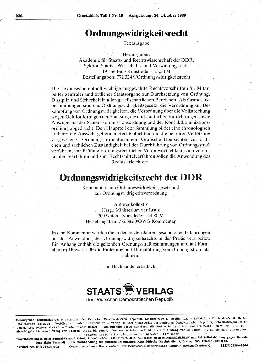 Gesetzblatt (GBl.) der Deutschen Demokratischen Republik (DDR) Teil Ⅰ 1989, Seite 236 (GBl. DDR Ⅰ 1989, S. 236)