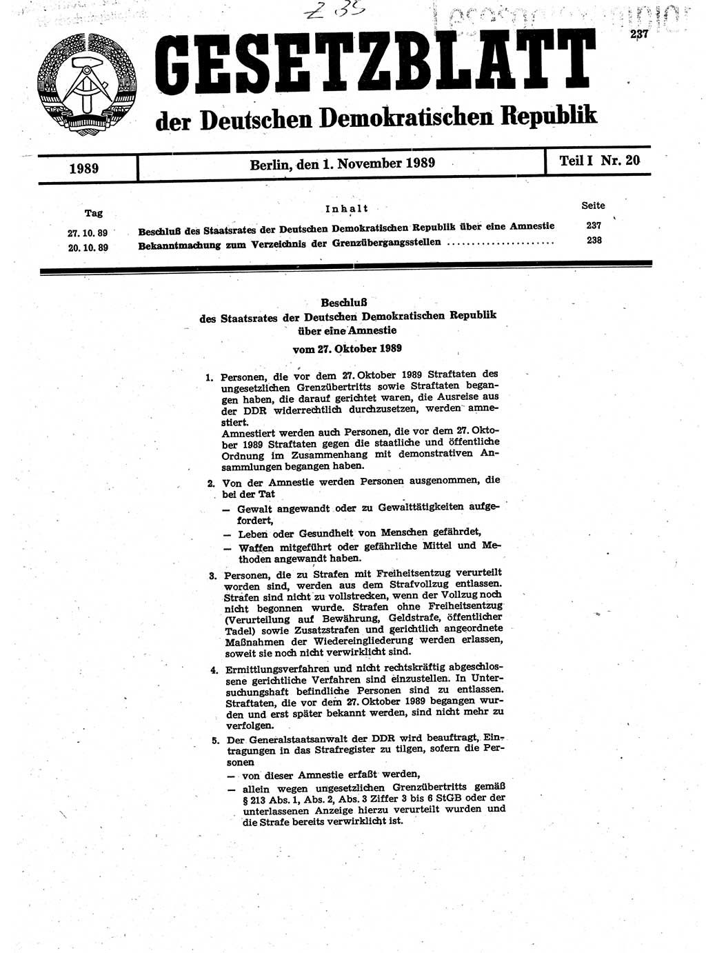 Gesetzblatt (GBl.) der Deutschen Demokratischen Republik (DDR) Teil Ⅰ 1989, Seite 237 (GBl. DDR Ⅰ 1989, S. 237)