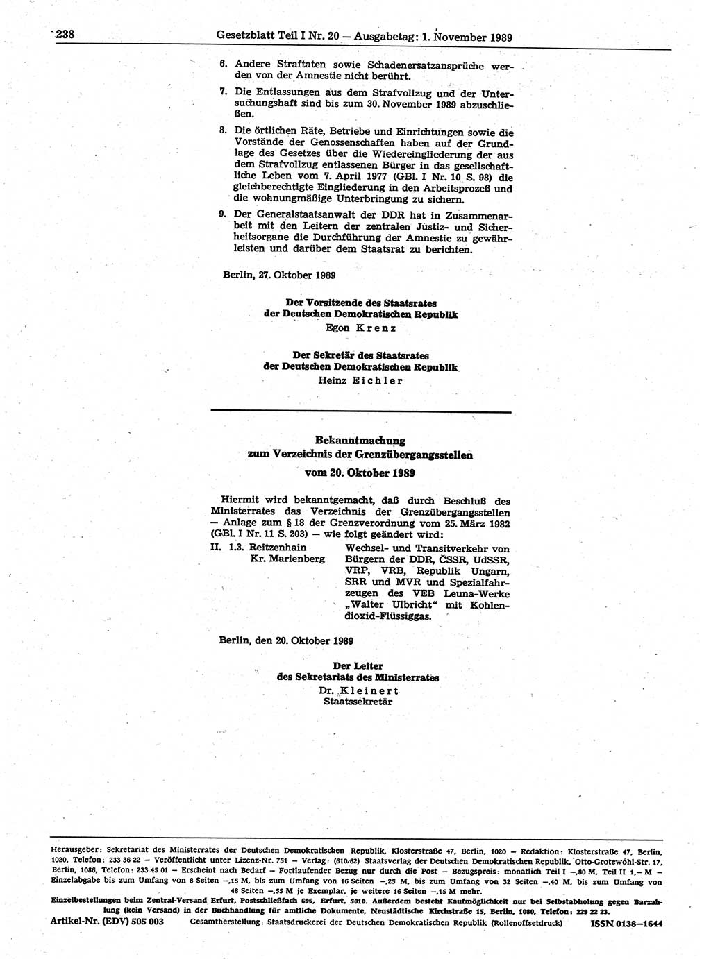 Gesetzblatt (GBl.) der Deutschen Demokratischen Republik (DDR) Teil Ⅰ 1989, Seite 238 (GBl. DDR Ⅰ 1989, S. 238)