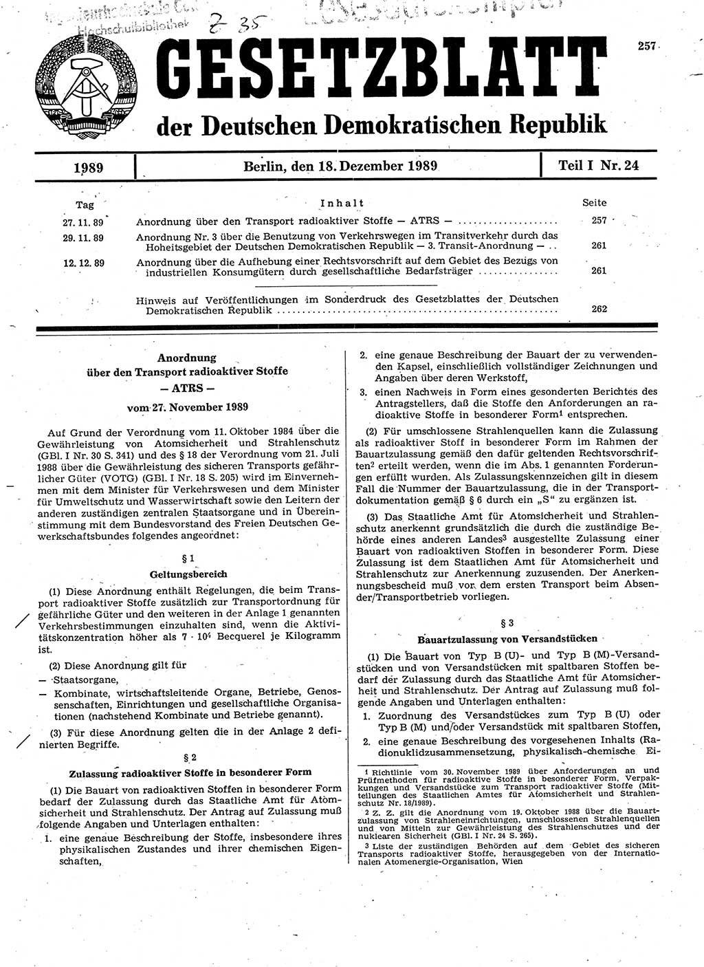 Gesetzblatt (GBl.) der Deutschen Demokratischen Republik (DDR) Teil Ⅰ 1989, Seite 257 (GBl. DDR Ⅰ 1989, S. 257)
