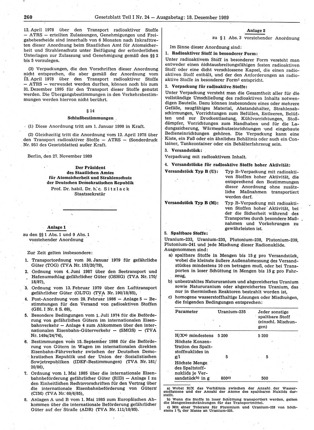 Gesetzblatt (GBl.) der Deutschen Demokratischen Republik (DDR) Teil Ⅰ 1989, Seite 260 (GBl. DDR Ⅰ 1989, S. 260)