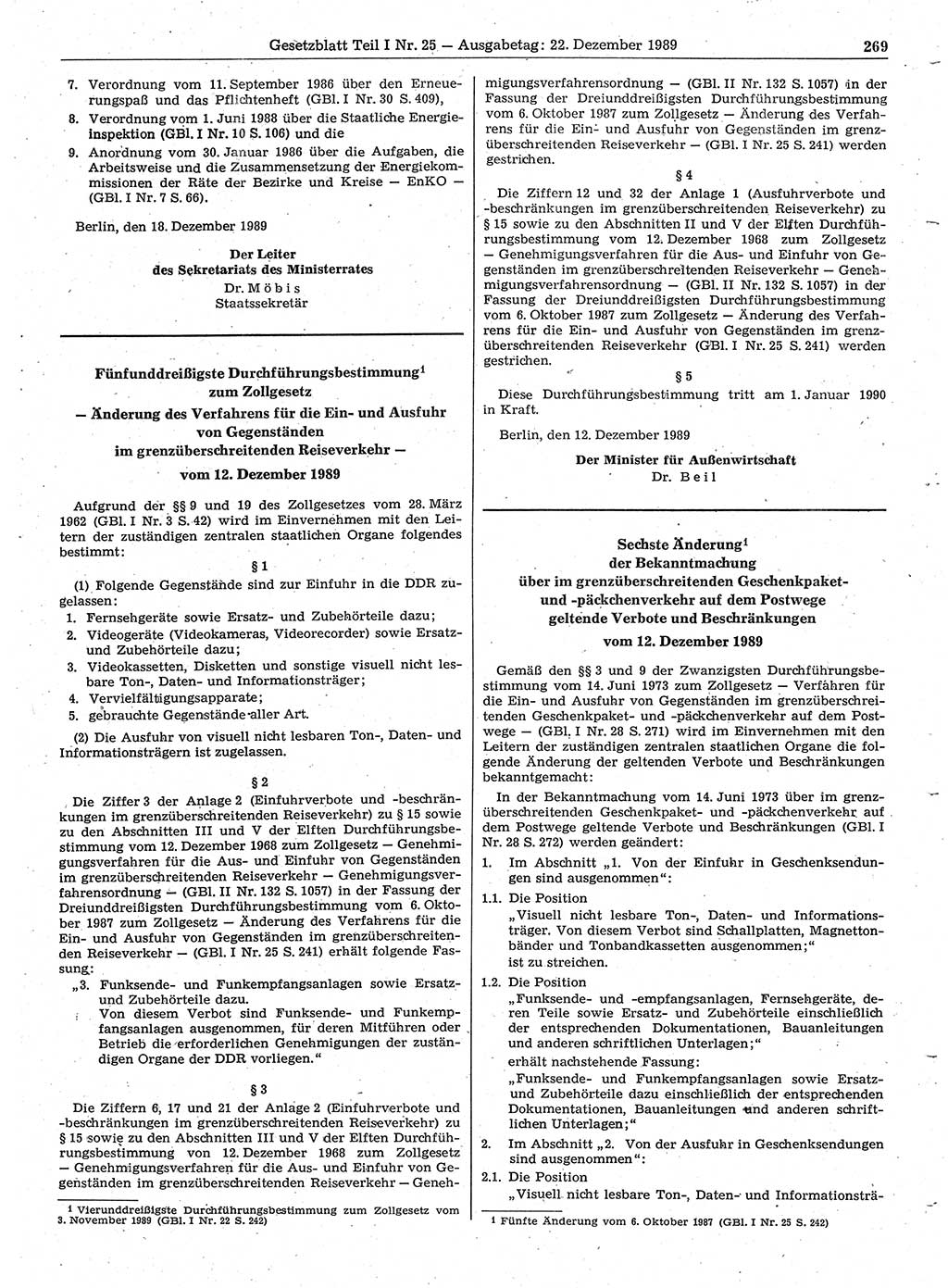 Gesetzblatt (GBl.) der Deutschen Demokratischen Republik (DDR) Teil Ⅰ 1989, Seite 269 (GBl. DDR Ⅰ 1989, S. 269)