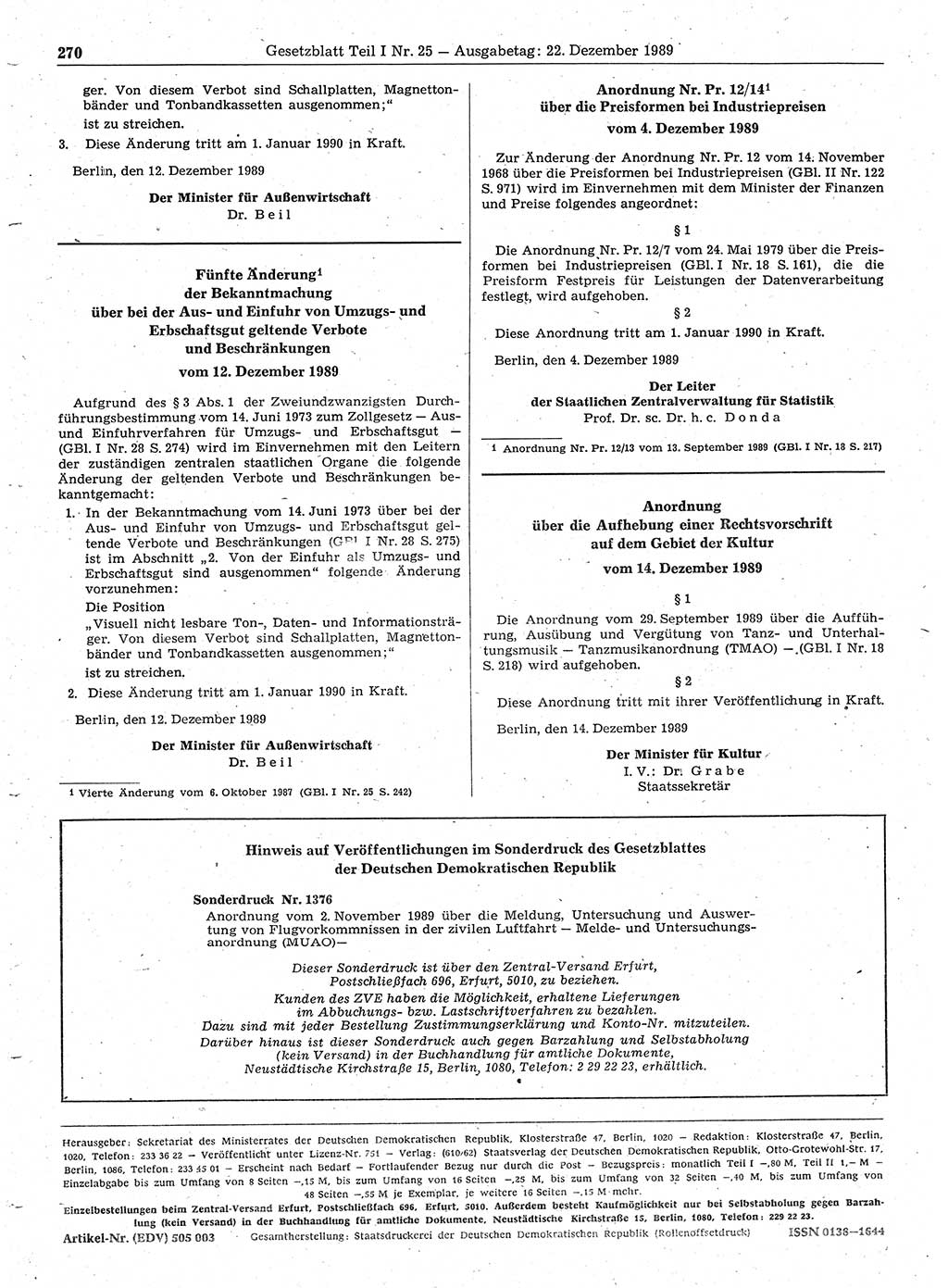 Gesetzblatt (GBl.) der Deutschen Demokratischen Republik (DDR) Teil Ⅰ 1989, Seite 270 (GBl. DDR Ⅰ 1989, S. 270)