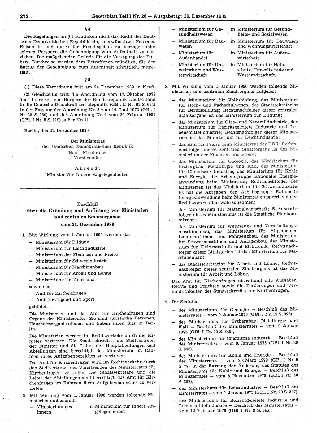 Gesetzblatt (GBl.) der Deutschen Demokratischen Republik (DDR) Teil Ⅰ 1989, Seite 272 (GBl. DDR Ⅰ 1989, S. 272)