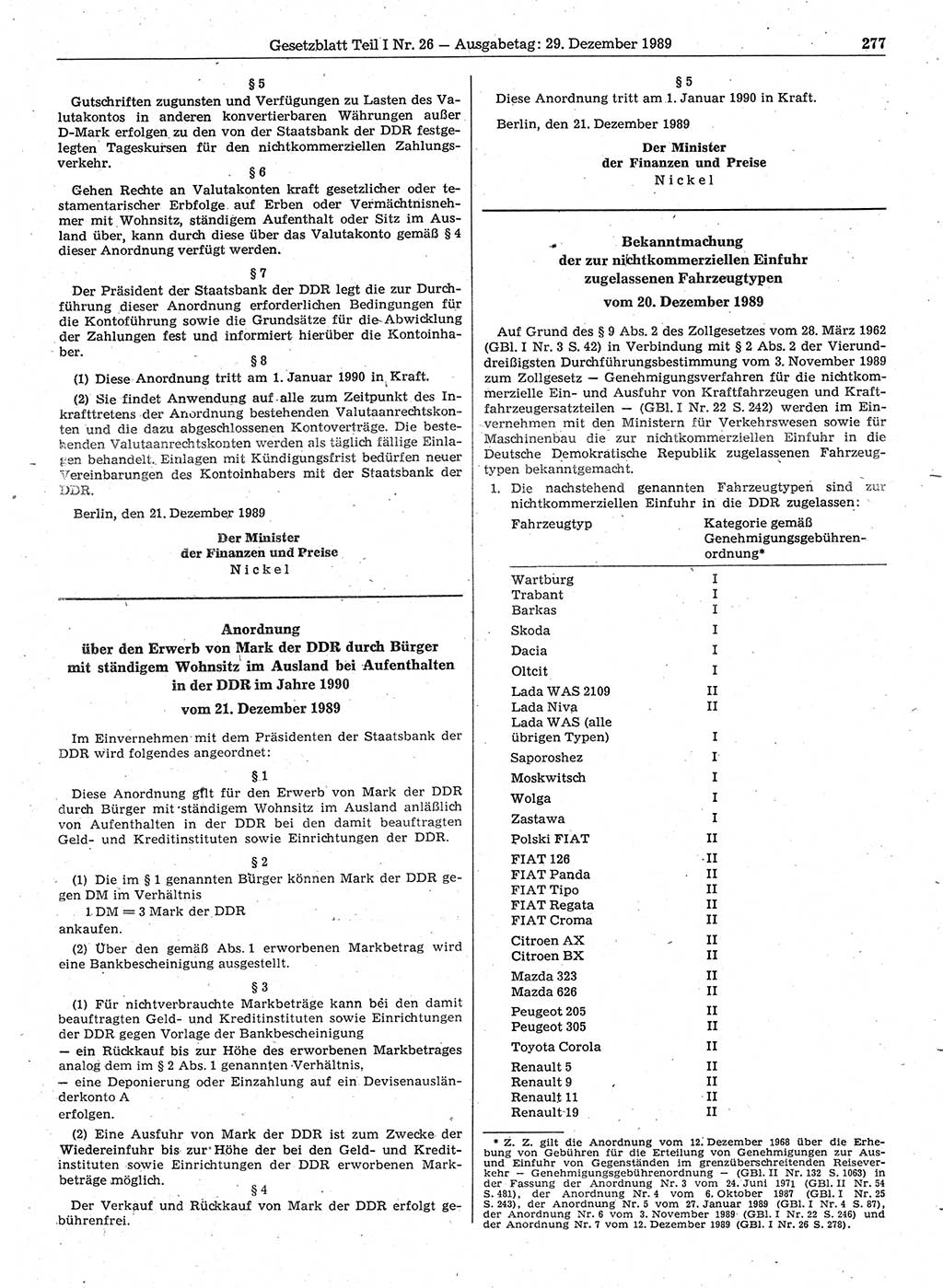 Gesetzblatt (GBl.) der Deutschen Demokratischen Republik (DDR) Teil Ⅰ 1989, Seite 277 (GBl. DDR Ⅰ 1989, S. 277)