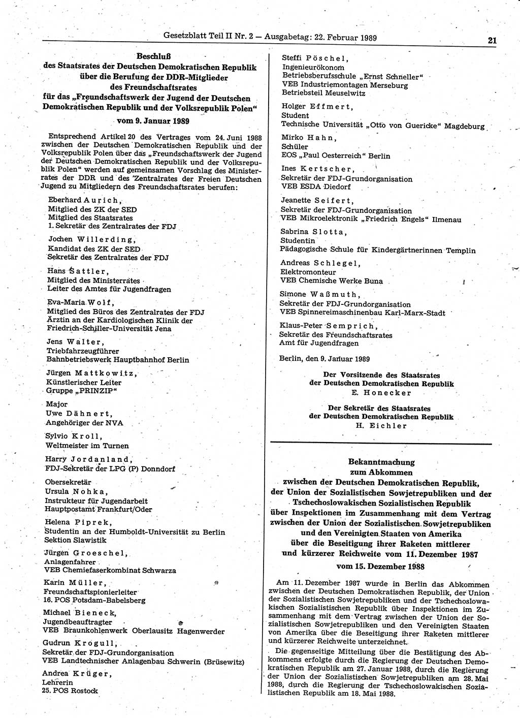 Gesetzblatt (GBl.) der Deutschen Demokratischen Republik (DDR) Teil ⅠⅠ 1989, Seite 21 (GBl. DDR ⅠⅠ 1989, S. 21)