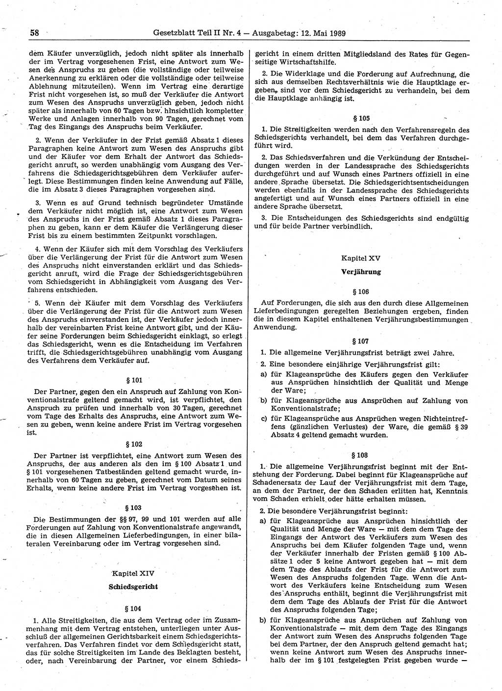 Gesetzblatt (GBl.) der Deutschen Demokratischen Republik (DDR) Teil ⅠⅠ 1989, Seite 58 (GBl. DDR ⅠⅠ 1989, S. 58)