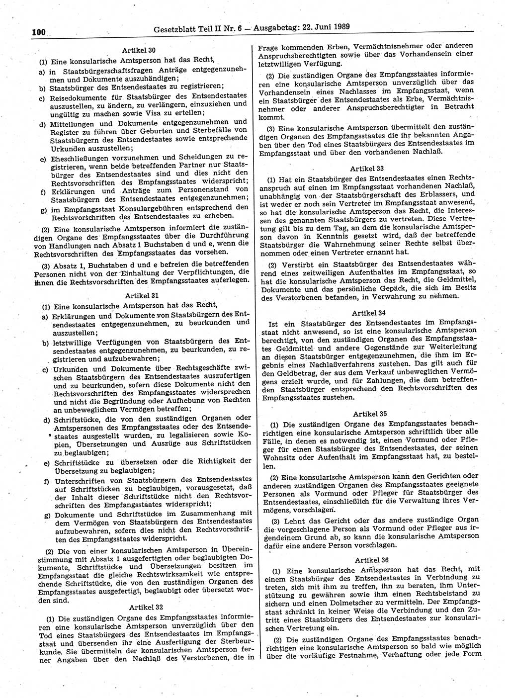 Gesetzblatt (GBl.) der Deutschen Demokratischen Republik (DDR) Teil ⅠⅠ 1989, Seite 100 (GBl. DDR ⅠⅠ 1989, S. 100)