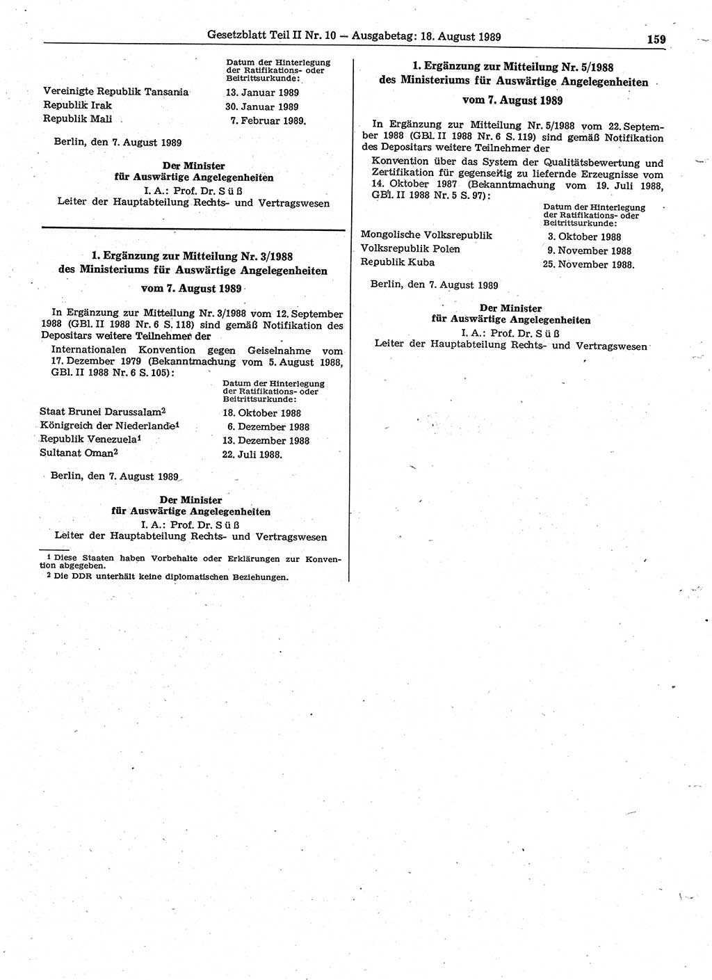 Gesetzblatt (GBl.) der Deutschen Demokratischen Republik (DDR) Teil ⅠⅠ 1989, Seite 159 (GBl. DDR ⅠⅠ 1989, S. 159)