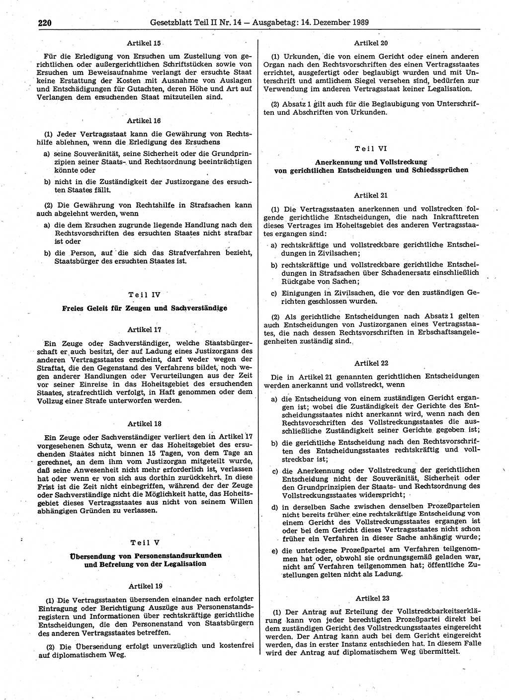 Gesetzblatt (GBl.) der Deutschen Demokratischen Republik (DDR) Teil ⅠⅠ 1989, Seite 220 (GBl. DDR ⅠⅠ 1989, S. 220)