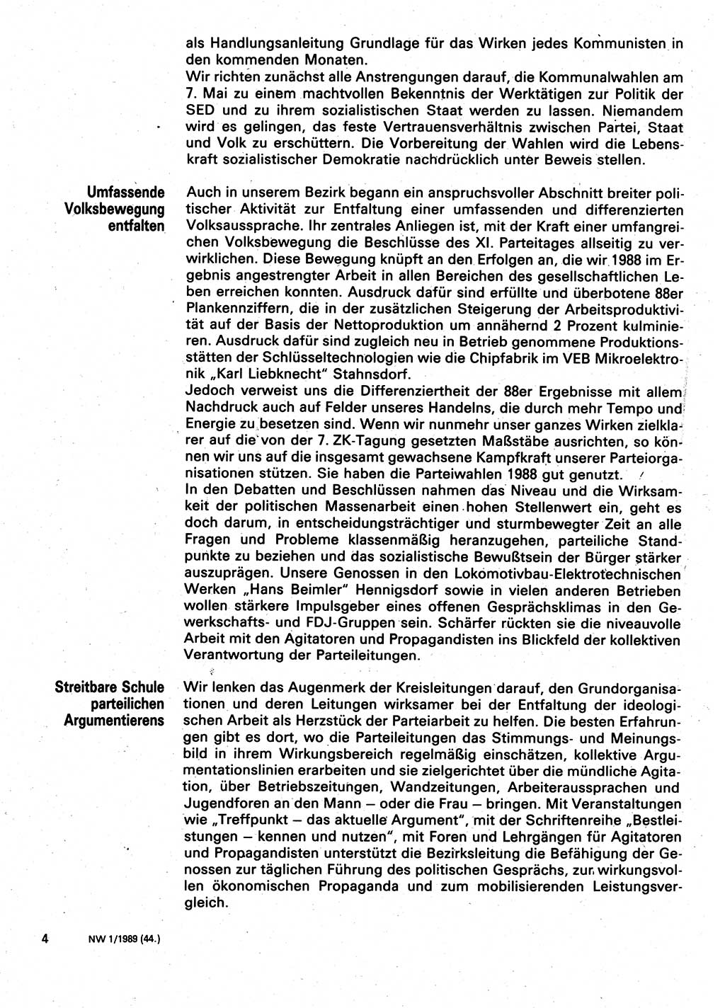 Neuer Weg (NW), Organ des Zentralkomitees (ZK) der SED (Sozialistische Einheitspartei Deutschlands) für Fragen des Parteilebens, 44. Jahrgang [Deutsche Demokratische Republik (DDR)] 1989, Seite 4 (NW ZK SED DDR 1989, S. 4)
