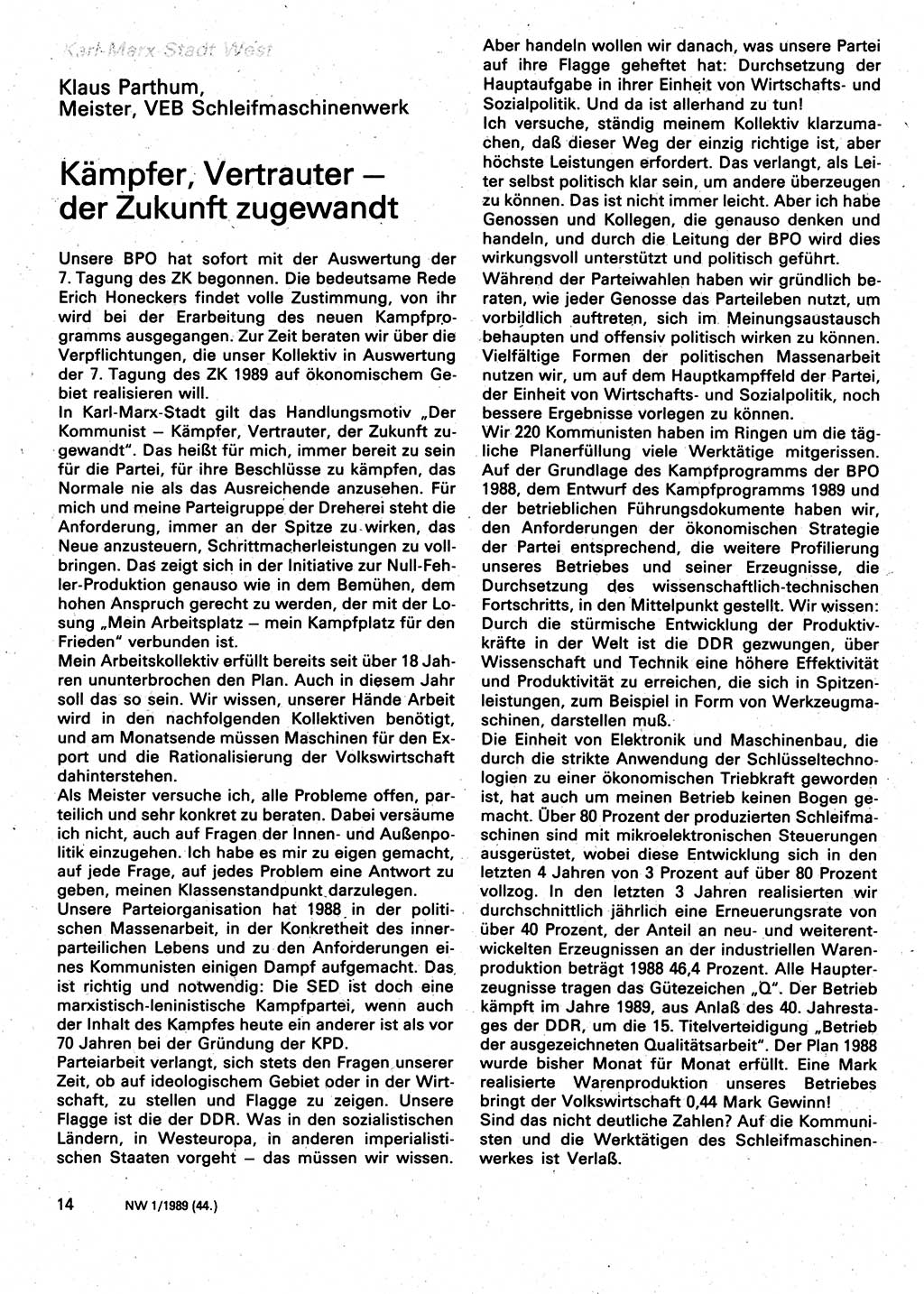 Neuer Weg (NW), Organ des Zentralkomitees (ZK) der SED (Sozialistische Einheitspartei Deutschlands) für Fragen des Parteilebens, 44. Jahrgang [Deutsche Demokratische Republik (DDR)] 1989, Seite 14 (NW ZK SED DDR 1989, S. 14)