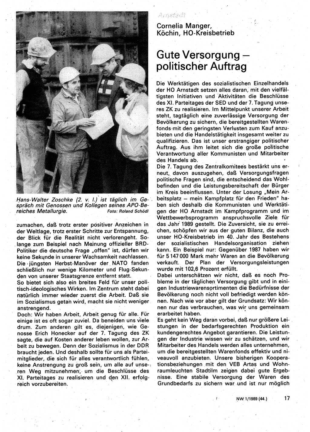 Neuer Weg (NW), Organ des Zentralkomitees (ZK) der SED (Sozialistische Einheitspartei Deutschlands) für Fragen des Parteilebens, 44. Jahrgang [Deutsche Demokratische Republik (DDR)] 1989, Seite 17 (NW ZK SED DDR 1989, S. 17)