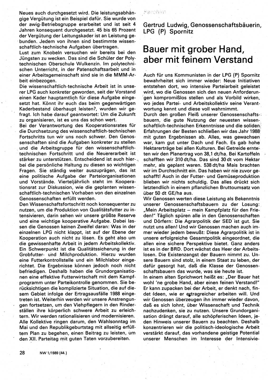 Neuer Weg (NW), Organ des Zentralkomitees (ZK) der SED (Sozialistische Einheitspartei Deutschlands) für Fragen des Parteilebens, 44. Jahrgang [Deutsche Demokratische Republik (DDR)] 1989, Seite 28 (NW ZK SED DDR 1989, S. 28)