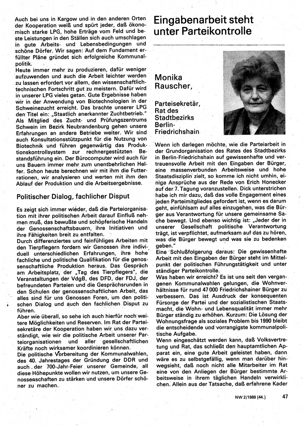 Neuer Weg (NW), Organ des Zentralkomitees (ZK) der SED (Sozialistische Einheitspartei Deutschlands) für Fragen des Parteilebens, 44. Jahrgang [Deutsche Demokratische Republik (DDR)] 1989, Seite 47 (NW ZK SED DDR 1989, S. 47)