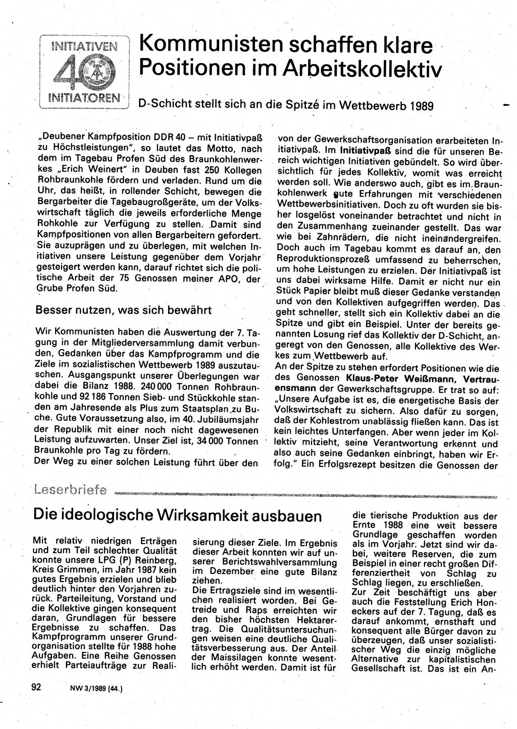 Neuer Weg (NW), Organ des Zentralkomitees (ZK) der SED (Sozialistische Einheitspartei Deutschlands) für Fragen des Parteilebens, 44. Jahrgang [Deutsche Demokratische Republik (DDR)] 1989, Seite 92 (NW ZK SED DDR 1989, S. 92)