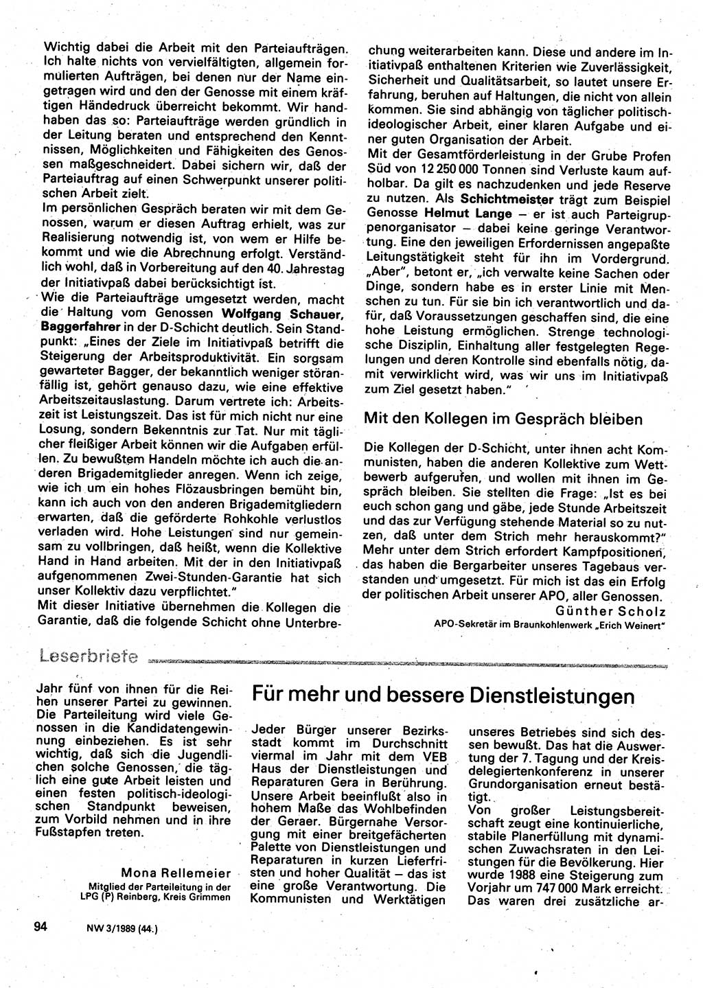 Neuer Weg (NW), Organ des Zentralkomitees (ZK) der SED (Sozialistische Einheitspartei Deutschlands) für Fragen des Parteilebens, 44. Jahrgang [Deutsche Demokratische Republik (DDR)] 1989, Seite 94 (NW ZK SED DDR 1989, S. 94)