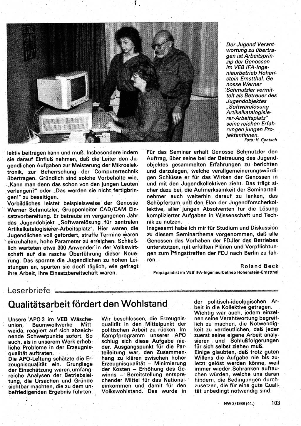 Neuer Weg (NW), Organ des Zentralkomitees (ZK) der SED (Sozialistische Einheitspartei Deutschlands) für Fragen des Parteilebens, 44. Jahrgang [Deutsche Demokratische Republik (DDR)] 1989, Seite 103 (NW ZK SED DDR 1989, S. 103)