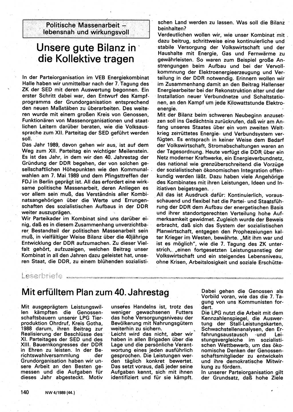 Neuer Weg (NW), Organ des Zentralkomitees (ZK) der SED (Sozialistische Einheitspartei Deutschlands) für Fragen des Parteilebens, 44. Jahrgang [Deutsche Demokratische Republik (DDR)] 1989, Seite 140 (NW ZK SED DDR 1989, S. 140)