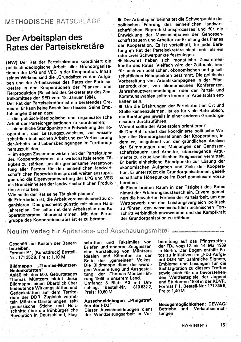 Neuer Weg (NW), Organ des Zentralkomitees (ZK) der SED (Sozialistische Einheitspartei Deutschlands) für Fragen des Parteilebens, 44. Jahrgang [Deutsche Demokratische Republik (DDR)] 1989, Seite 151 (NW ZK SED DDR 1989, S. 151)