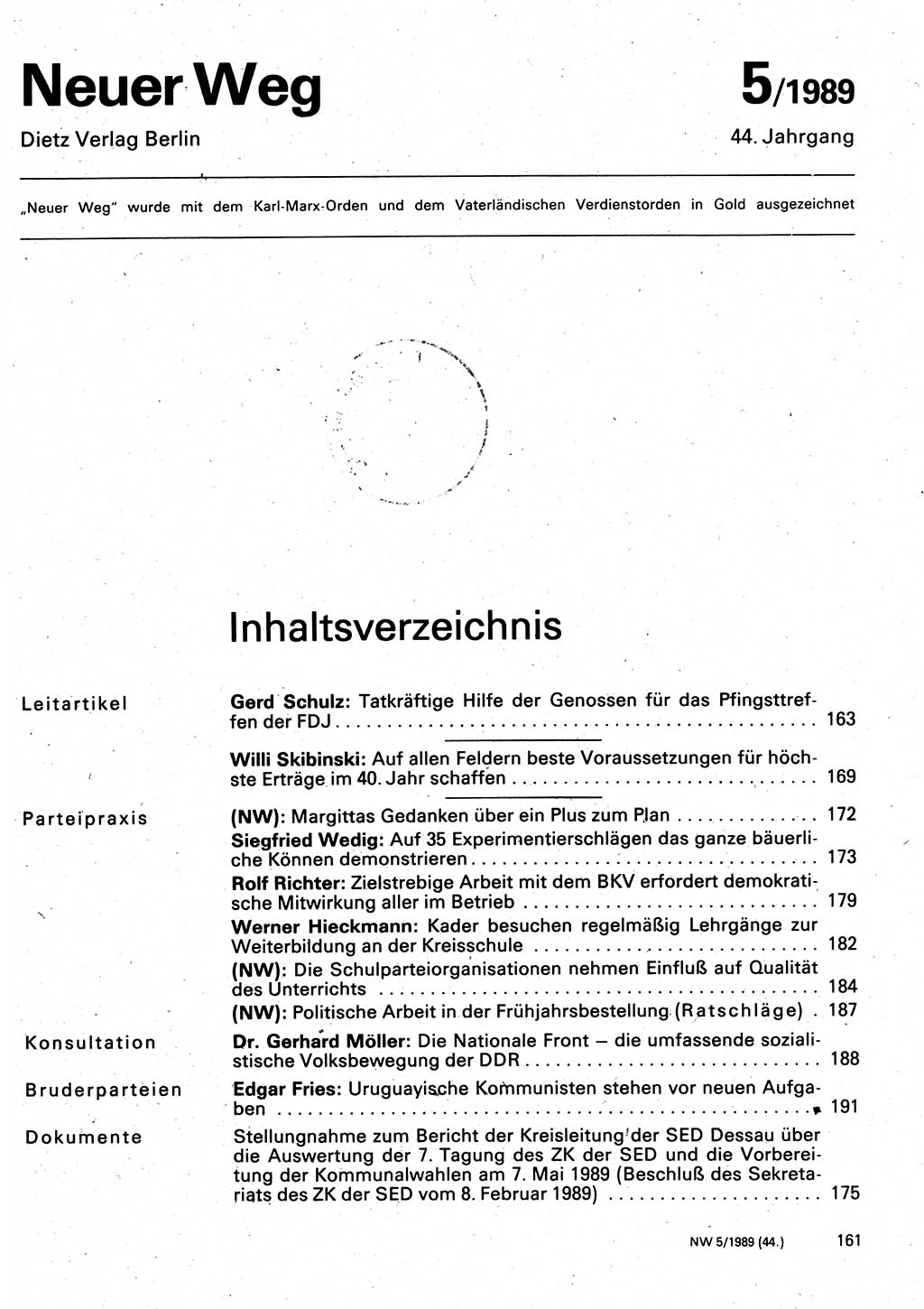 Neuer Weg (NW), Organ des Zentralkomitees (ZK) der SED (Sozialistische Einheitspartei Deutschlands) für Fragen des Parteilebens, 44. Jahrgang [Deutsche Demokratische Republik (DDR)] 1989, Seite 161 (NW ZK SED DDR 1989, S. 161)