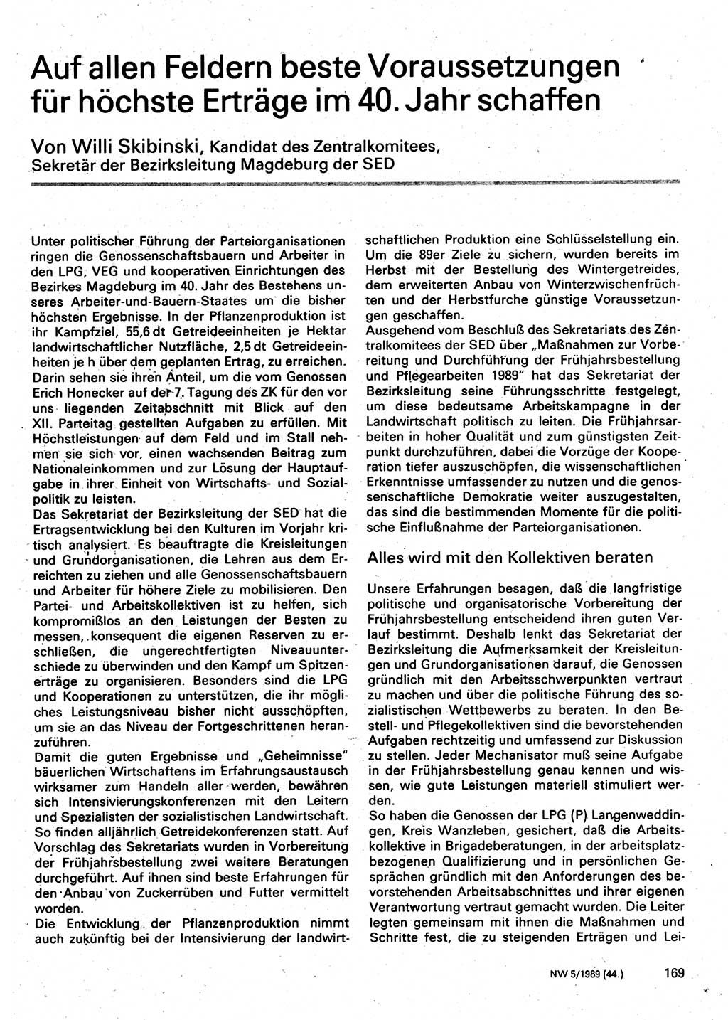 Neuer Weg (NW), Organ des Zentralkomitees (ZK) der SED (Sozialistische Einheitspartei Deutschlands) für Fragen des Parteilebens, 44. Jahrgang [Deutsche Demokratische Republik (DDR)] 1989, Seite 169 (NW ZK SED DDR 1989, S. 169)