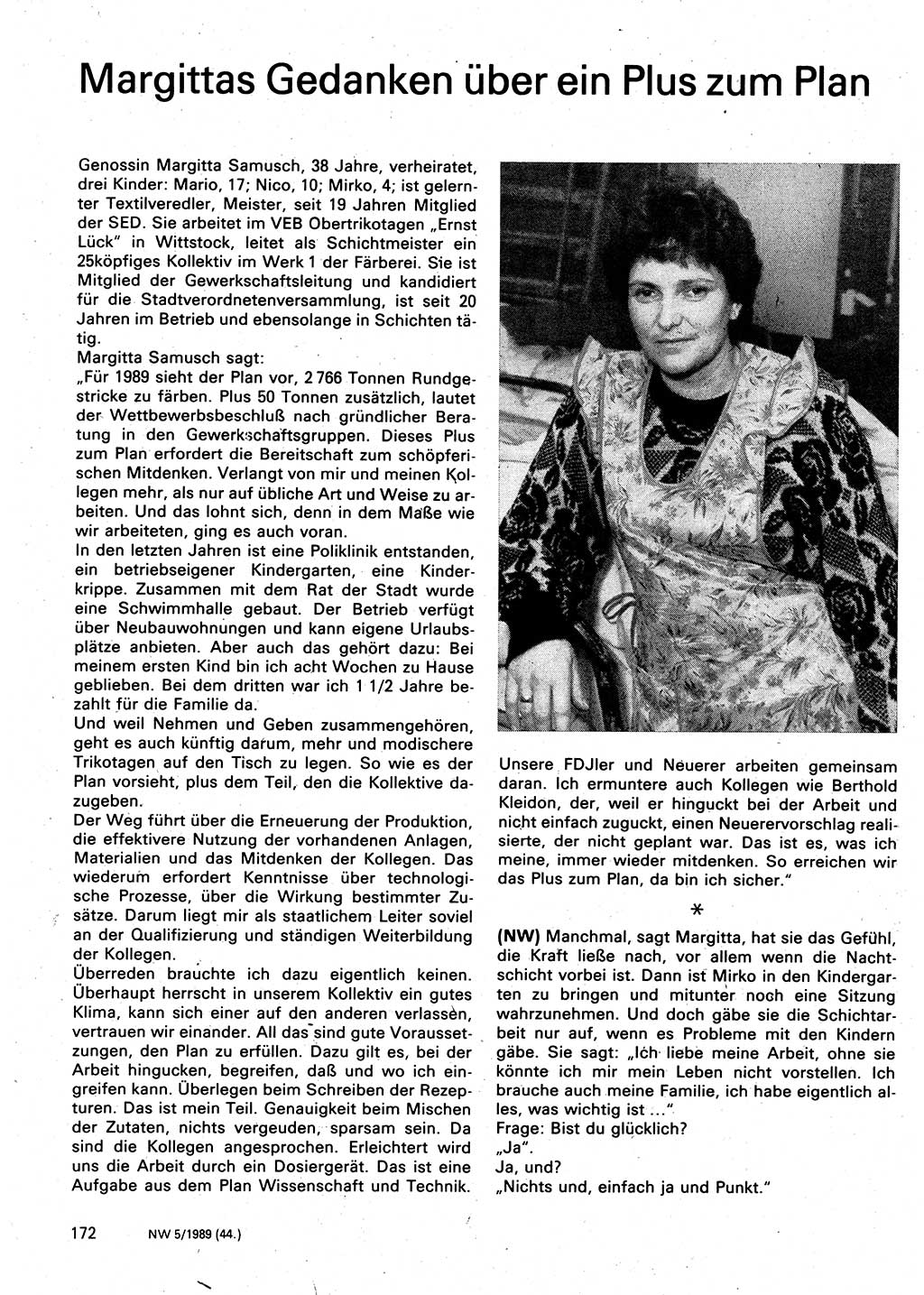 Neuer Weg (NW), Organ des Zentralkomitees (ZK) der SED (Sozialistische Einheitspartei Deutschlands) für Fragen des Parteilebens, 44. Jahrgang [Deutsche Demokratische Republik (DDR)] 1989, Seite 172 (NW ZK SED DDR 1989, S. 172)