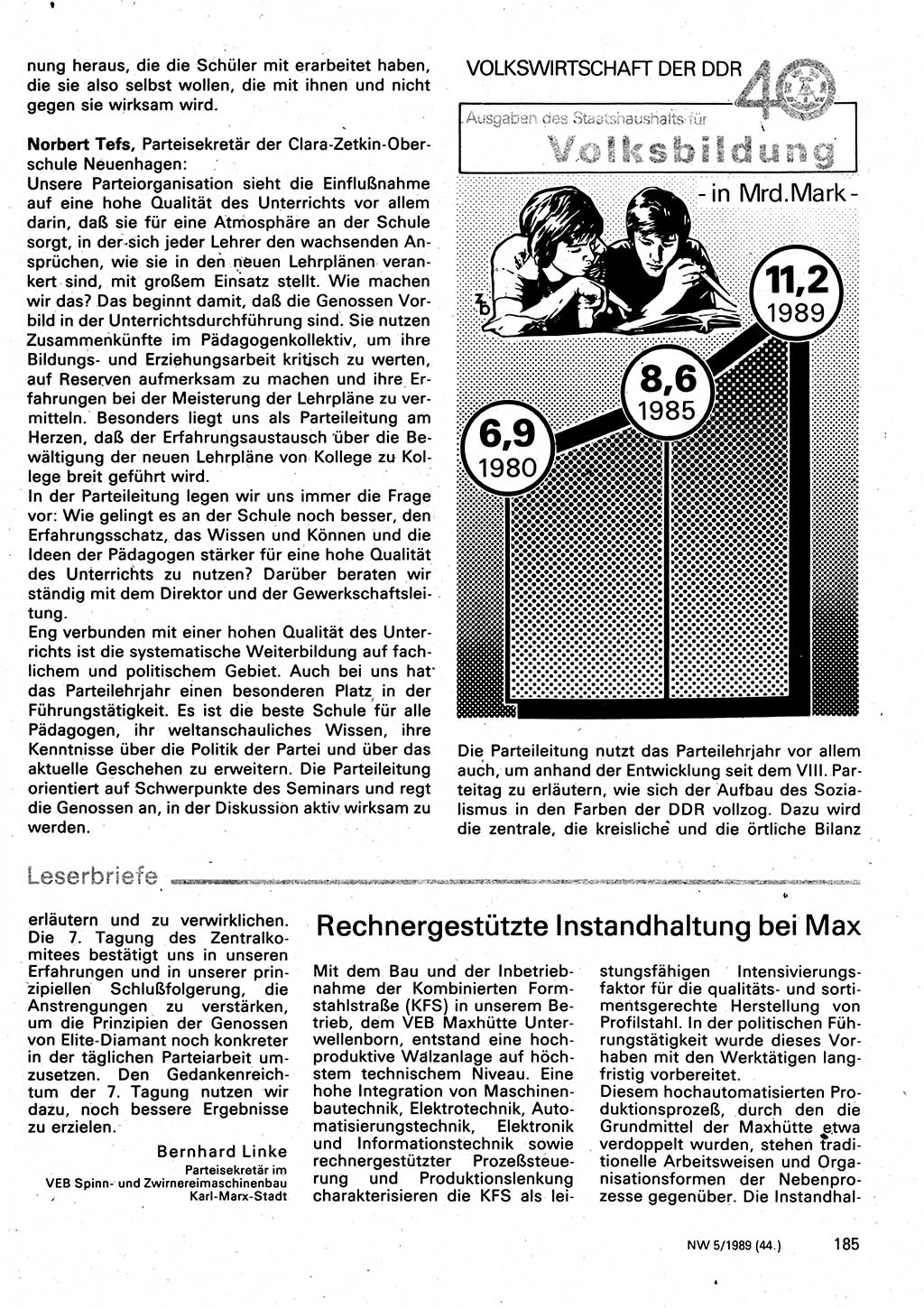 Neuer Weg (NW), Organ des Zentralkomitees (ZK) der SED (Sozialistische Einheitspartei Deutschlands) für Fragen des Parteilebens, 44. Jahrgang [Deutsche Demokratische Republik (DDR)] 1989, Seite 185 (NW ZK SED DDR 1989, S. 185)