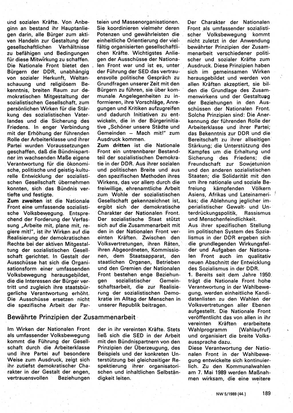 Neuer Weg (NW), Organ des Zentralkomitees (ZK) der SED (Sozialistische Einheitspartei Deutschlands) für Fragen des Parteilebens, 44. Jahrgang [Deutsche Demokratische Republik (DDR)] 1989, Seite 189 (NW ZK SED DDR 1989, S. 189)